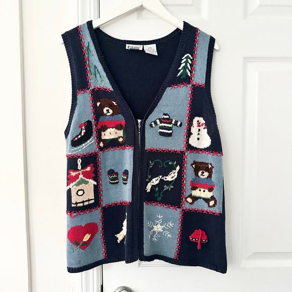 Capacity Vintage Sweater Blue Patchwork Teddy Bear Winter Holiday Vest Large - Picture 1 of 10